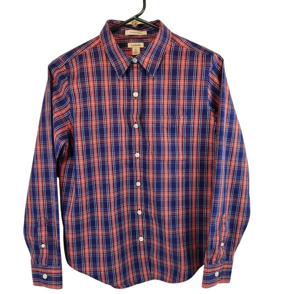 LL Bean Womans Top Plaid Red Blue Button Up Long Sleeve 100% Cotton Sz XS-P